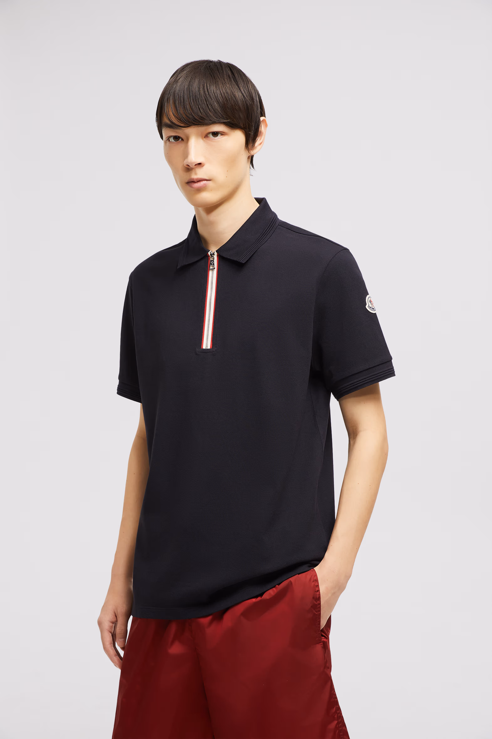 Tricolor Trim Cotton Piquet Polo Shirt Men Dark Blue Moncler 0